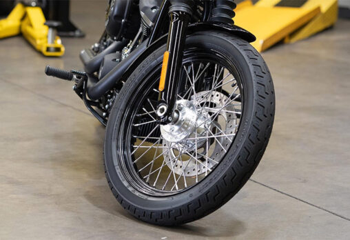 a side view of a motorcycle tyre up close
