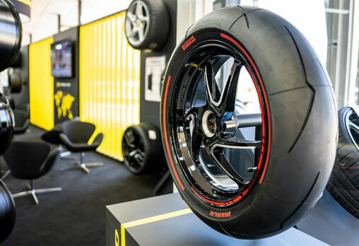 a closeup of a pirelli supercosa tyre