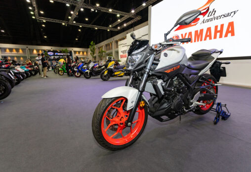 an image of a Yamaha MT-03 in a showroom